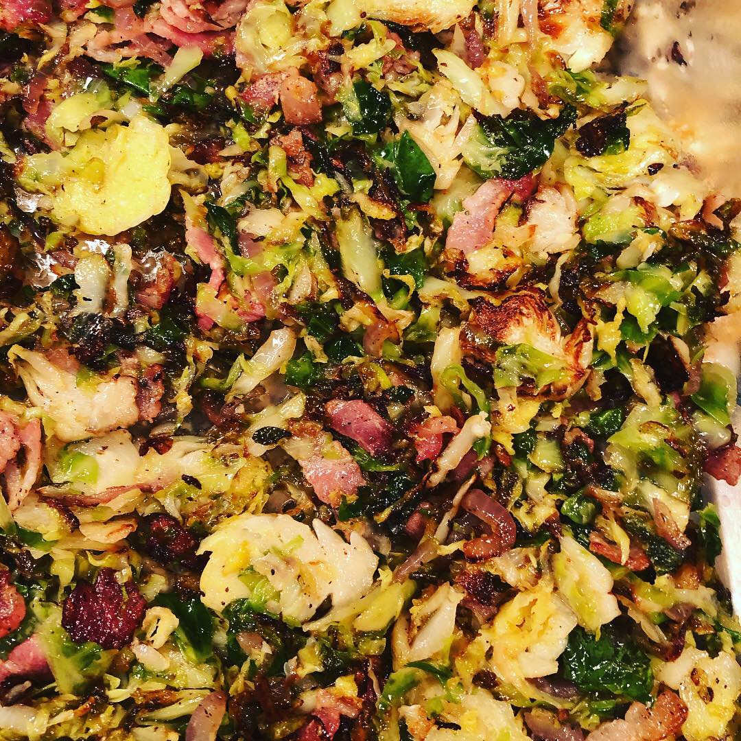 Brussels Sprouts with Bacon, Cranberries and Pine Nuts